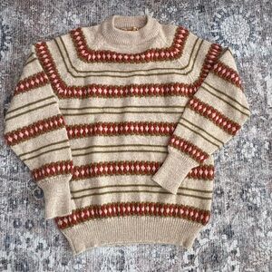 Vintage Jantzen Tumblespun Wool Sweater Beige Red Olive Stripe Retro Knit